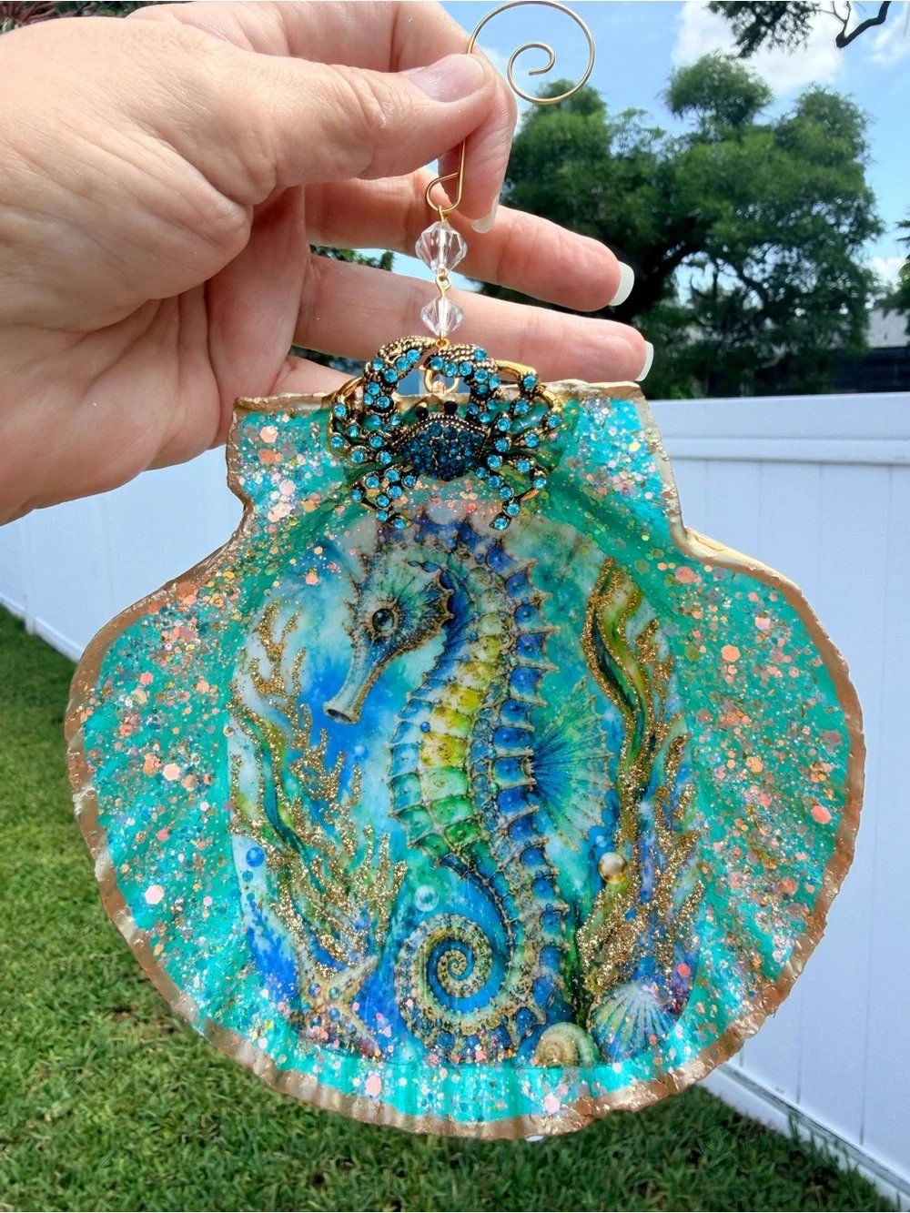 Hand-Painted Turquoise Seahorse Decorative Shell Hanging
